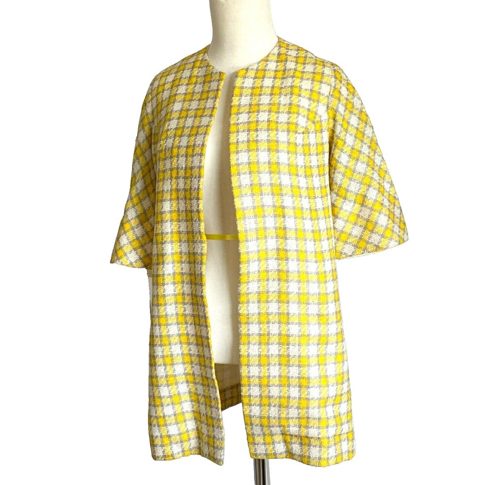 Vtg 60s Yellow Plaid Basketweave Mod Coat Jacket S 7 Jackie O Union Made USA
